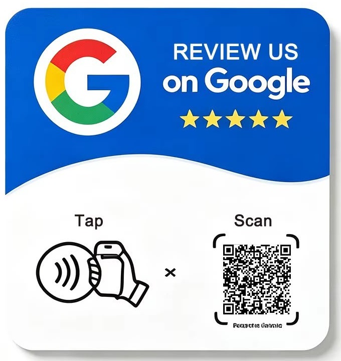 Front view of a Kabsi NFC and QR review card