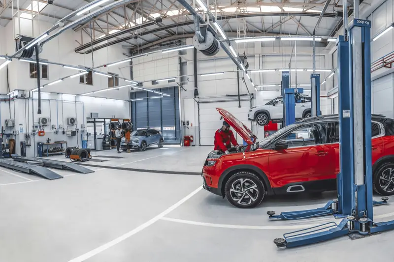 Cars on lifts in a bright repair garage